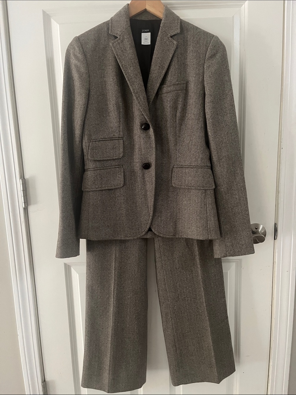 Vintage J. Crew 100% Wool Tweed houndstooth Suit, wide leg pants, blazer, brown
